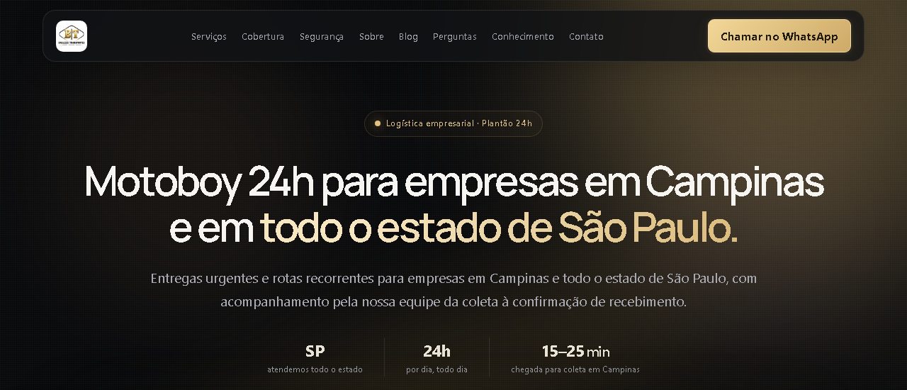 Site da Brulezzi Transportes no ar: motoboy 24h para empresas em Campinas e no estado de São Paulo, com botão de WhatsApp